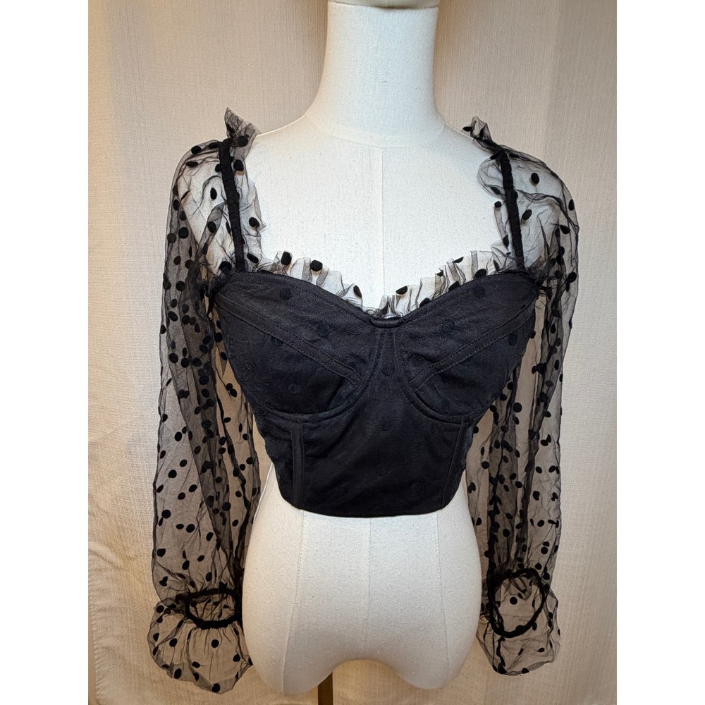 RNWY Black Polka Dot Tulle Corset Mesh Crop Top Womens Size 6 Excellent